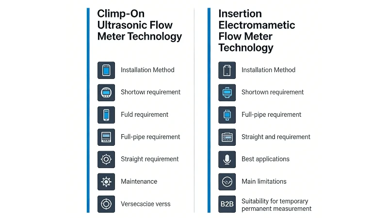 Comparison infographic showing key differences between clamp-on ultrasonic and insertion electromagnetic flow meters Comparison infographic showing key differences between clamp-on ultrasonic and insertion electromagnetic flow meters