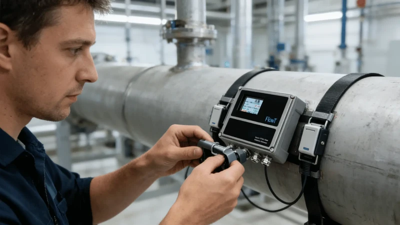 Technician installing a clamp-on ultrasonic flow meter on a chilled water pipe in an HVAC retrofit project Technician installing a clamp-on ultrasonic flow meter on a chilled water pipe in an HVAC retrofit project