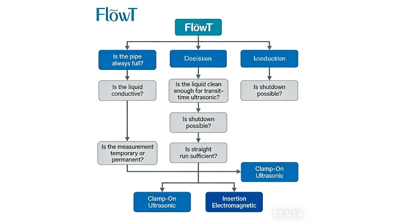 A professional decision tree infographic for selecting between clamp-on ultrasonic flow meters and insertion electromagnetic flow meters. Include decision nodes such as: Is the pipe always full? Is the liquid conductive? Is the liquid clean enough for transit-time ultrasonic? Is shutdown possible? Is the measurement temporary or permanent? Is straight run sufficient? End with recommended paths for Clamp-On Ultrasonic or Insertion Electromagnetic. Clean white background, corporate engineering design, blue and gray color scheme, easy-to-read flowchart layout. A professional decision tree infographic for selecting between clamp-on ultrasonic flow meters and insertion electromagnetic flow meters. Include decision nodes such as: Is the pipe always full? Is the liquid conductive? Is the liquid clean enough for transit-time ultrasonic? Is shutdown possible? Is the measurement temporary or permanent? Is straight run sufficient? End with recommended paths for Clamp-On Ultrasonic or Insertion Electromagnetic. Clean white background, corporate engineering design, blue and gray color scheme, easy-to-read flowchart layout.