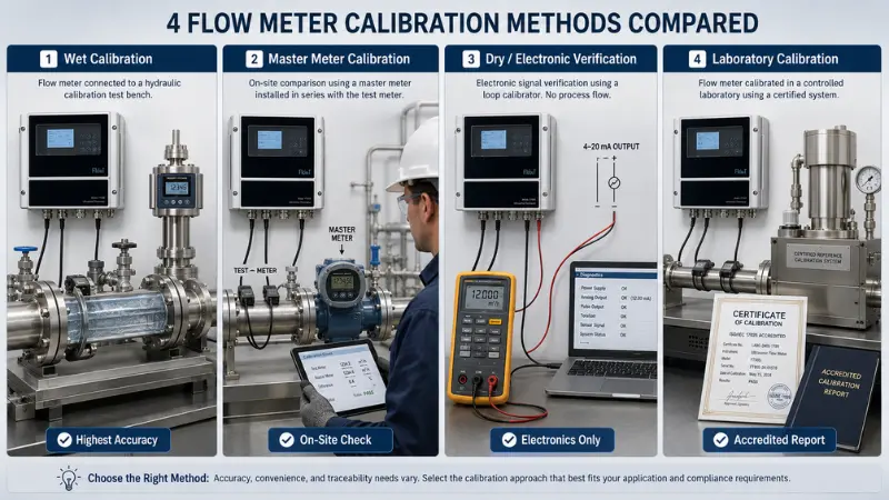 Comparison of wet calibration, master meter calibration, dry electronic verification, and laboratory flow meter calibration methods. Comparison of wet calibration, master meter calibration, dry electronic verification, and laboratory flow meter calibration methods.